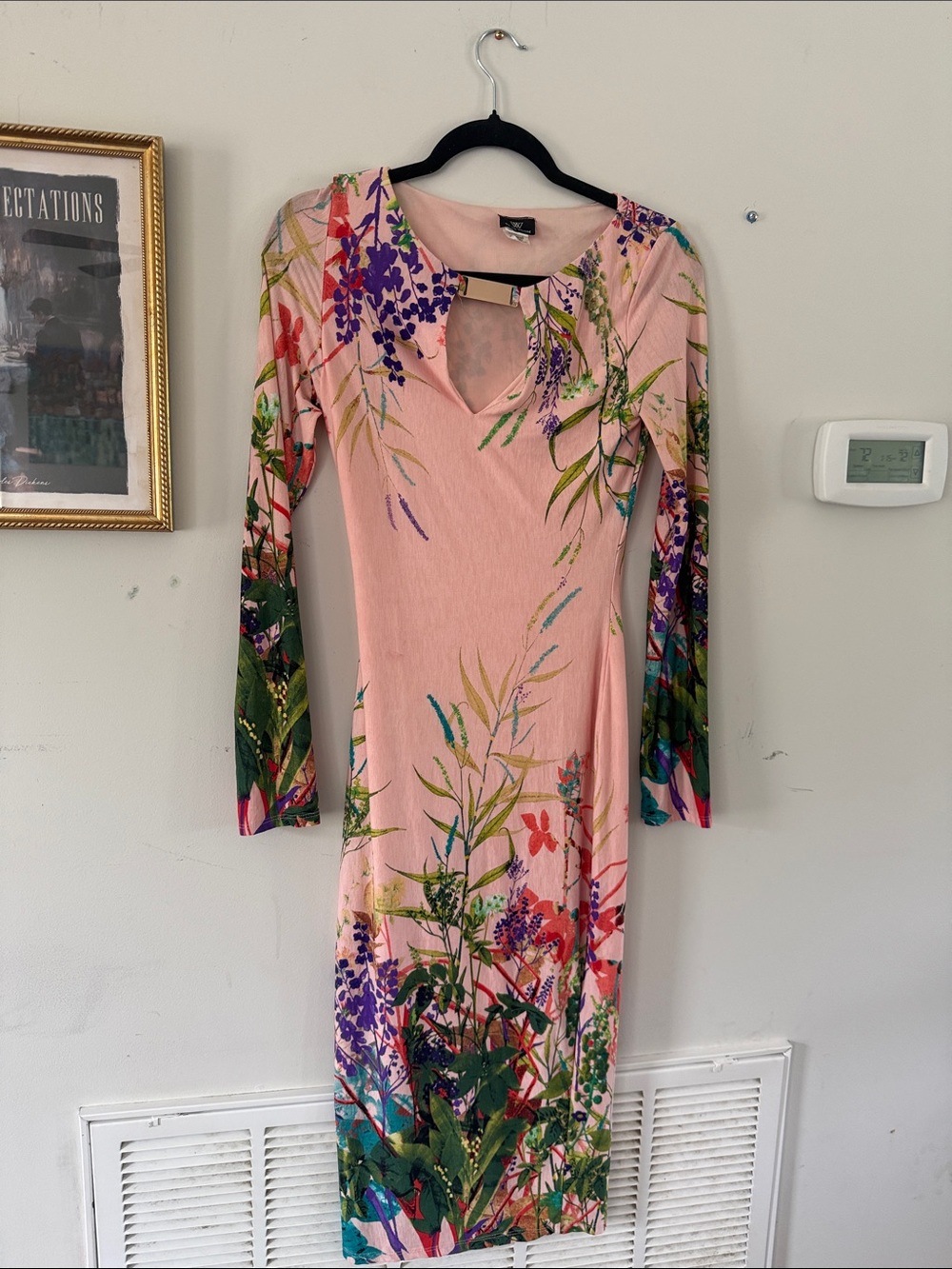 Blush Floral Midi Dress with Keyhole Neckline
